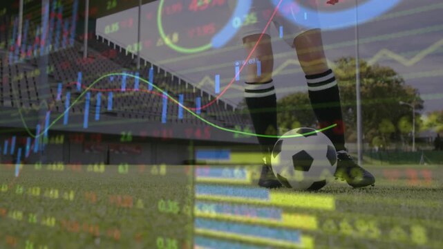 Woman tapping ball on grass pitch, practicing control, financial graphs overlaying ball and legs