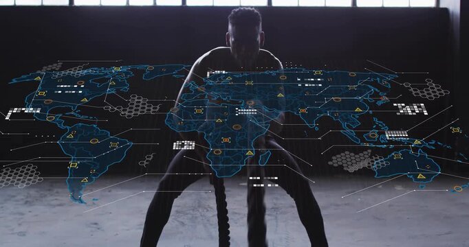 Athlete gripping battle ropes, making waves while HUD world map expanding, tracking fitness data