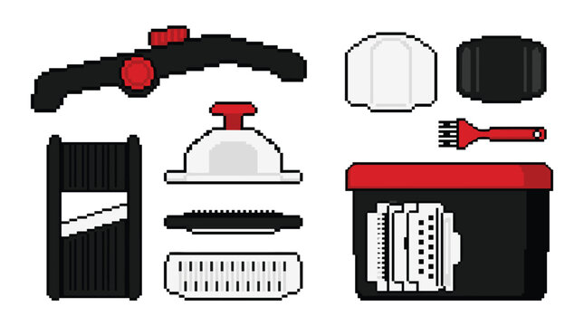 A complete set of a pixel art mandoline slicer with multiple blades and accessories is displayed on a white background.