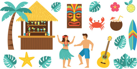 Hawaiian Luau Tropical Icon Set with Tiki Bar Palm Tree Hula Dancer Couple Ukulele Surfboard Coconut Cocktail Tiki Mask Crab Hibiscus and Beach Elements for Summer Party Designs © Fahim
