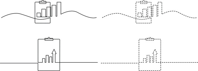 Minimalist continuous line art illustrations of business clipboard charts and financial trends Vector