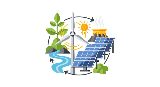 Renewable Energy Cycle: Sustainable Power Generation with Wind, Solar, Hydro & Green Environment Icon