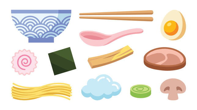 A collection of twelve illustrated ramen noodle soup ingredients, including a bowl, noodles, pork, and an egg, is laid out on a white background.
