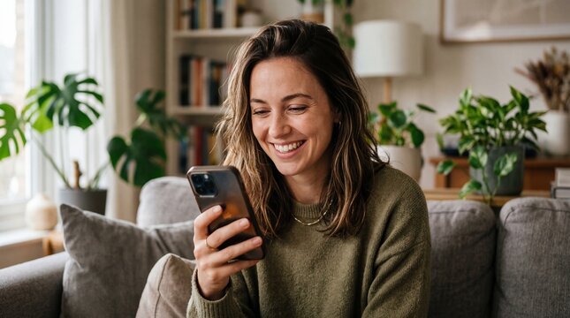 Happy woman smiling using smartphone on cozy couch at home