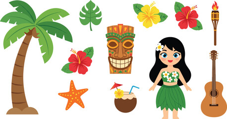 Cute Kawaii Style Tropical Hawaiian Vector Set with Chibi Hula Girl, Tiki Totem, Palm Tree, Coconut Drink, Hibiscus, and Ukulele for Summer Designs © Fahim