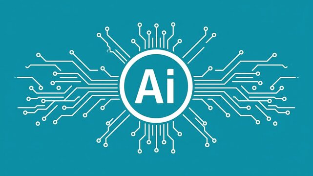 artificial intelligence ai icon with digital circuit board lines on a blue background illustrating advanced technology and machine learning concepts.