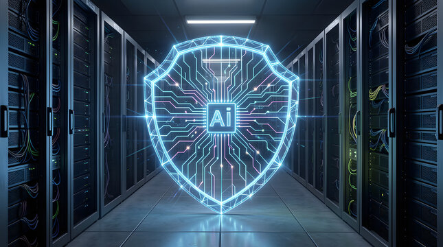 Futuristic AI Firewall Shield Made of Glowing Neural Circuits Protecting Cloud Servers in Dark Data Center, AI Cybersecurity and Digital Defense Concept