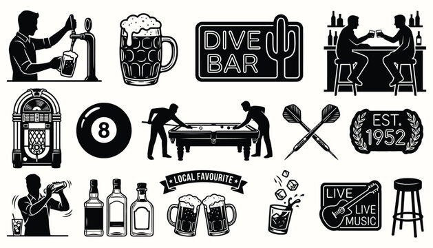 Vintage dive bar and pub vector icon collection with retro nightlife elements