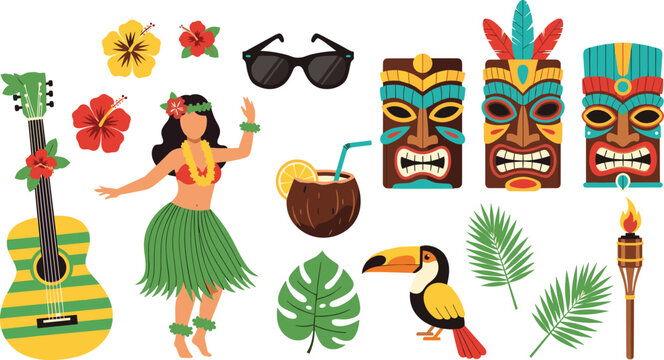 Hawaiian Tropical Party Elements Collection Featuring Hula Dancer, Ukulele, Tiki Masks, Cocktail Drink, Sunglasses, Toucan, Palm Leaves and Hibiscus Flowers