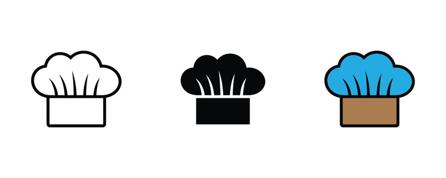 Professional chef hat icon set. Culinary toque, restaurant bakery, and master cook headwear symbols. Vector Illustration.