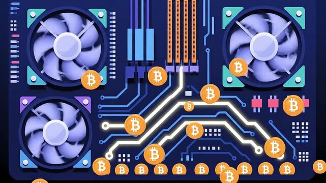 bitcoin mining rig with glowing circuits and cooling fans generating digital currency on a stylized motherboard perfect for fintech concepts.