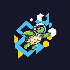Fototapeta premium Cartoon turtle astronaut character in space helmet floating among abstract geometric shapes on a dark background, vector illustration.