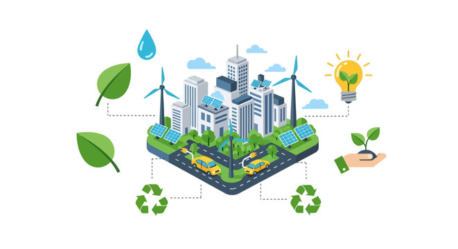 Green City Isometric Illustration: Sustainable Urban Development with Solar Panels, Wind Turbines, Electric Cars, and Eco-Friendly Technologies.