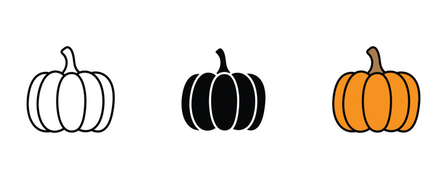 Fresh orange pumpkin icon set. Autumn harvest, Halloween decoration, and healthy vegetable symbols. Vector Illustration.