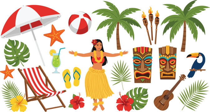 Tropical Hawaiian Luau Vector Icon Set Featuring Hula Dancer, Tiki Masks, Palm Trees, Hibiscus Flowers, and Beach Vacation Elements for Summer Designs