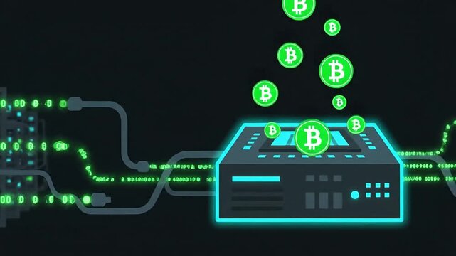digital bitcoin mining rig generating cryptocurrency with glowing binary data and network connections in a futuristic environment