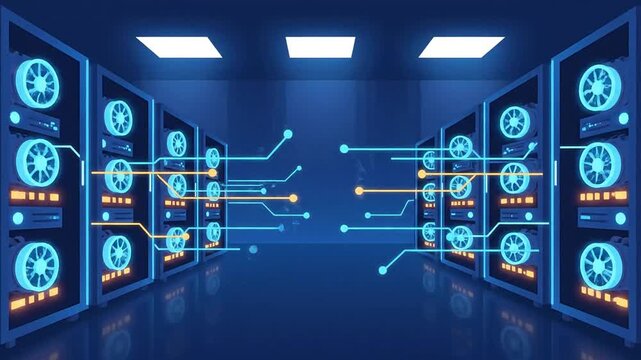 digital data center with glowing server racks interconnected by circuit lines illustrating secure cloud computing infrastructure.