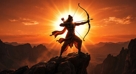 Naklejka premium Lord Sri Rama poster with cinematic yet divine composition, Jai Sri Ram