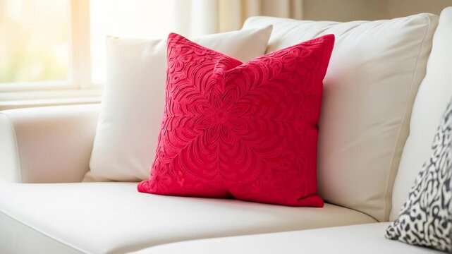 A vibrant red throw pillow with a textured floral pattern rests on a white couch amidst other cushions