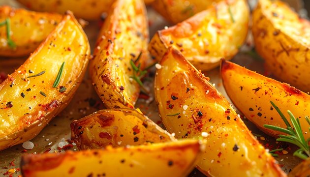 Roasted potato wedges, seasoned with spices and rosemary, displayed on a baking sheet