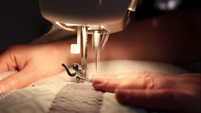 Woman sewing patchwork quilt with batting on sewing machine close up