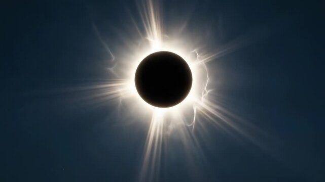 Spectacular total solar eclipse showing the glowing corona and dramatic light rays against a dark sky.