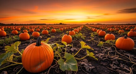 Vast pumpkin patch under a stunning sunset, rows of orange gourds stretch to horizon