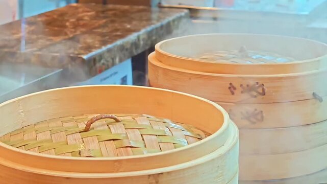 Steaming hot bamboo dim sum basket stack inside kitchen, Chinese Hong Kong Food Cooking, Authentic Asian Fine Dining Cuisine