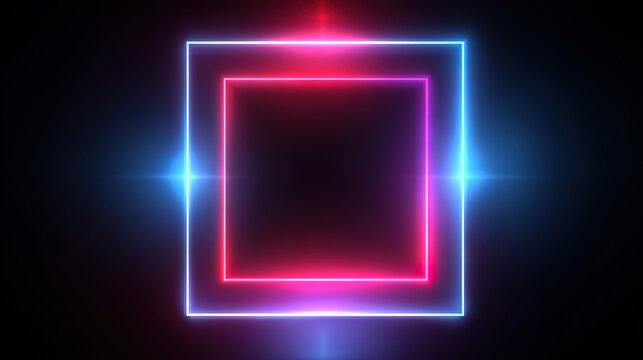Neon glowing square frame with blue and pink lights on black background