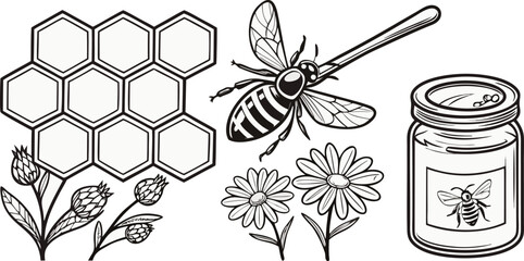 A detailed black and white illustration of various elements associated with bees and honey. The image showcases six distinct elements arranged in a rectangular grid. At the top left, a detailed fronta © joyrun12