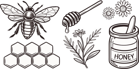 A detailed black and white illustration of various elements associated with bees and honey. The image showcases six distinct elements arranged in a rectangular grid. At the top left, a detailed fronta © joyrun12