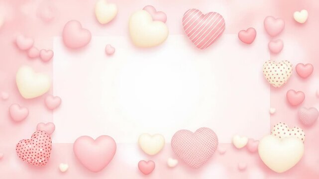A pink background with a border of various heart shapes in shades of pink and white