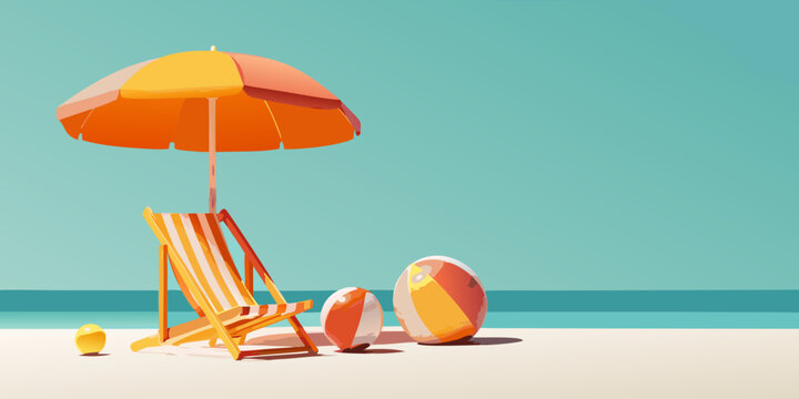 A colorful beach scene featuring a parasol chair and beach balls
