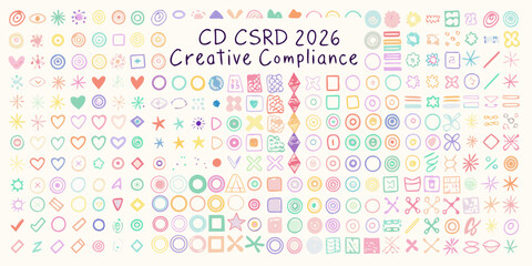 Obraz premium Colorful doodle icons and shapes with creative compliance text