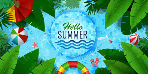 Aerial view of a swimming pool with summer themed decorations © Lalin