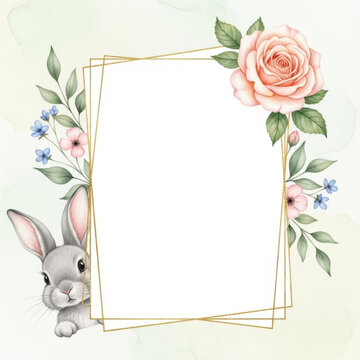 Spring Floral Frame with Bunny Illustration