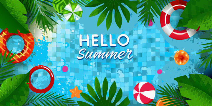 A vibrant summer scene with pool floats and tropical foliage
