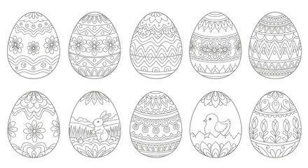 Set of 10 Hand-Drawn Easter Eggs Coloring Pages with Patterns and Animals © rglstrm