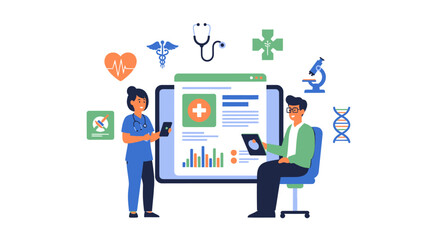 Fototapeta premium Digital Healthcare & Telemedicine Platform: Medical Professionals Managing Electronic Patient Records and Health Data
