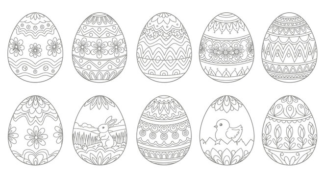 Set of 10 Hand-Drawn Easter Eggs Coloring Pages with Patterns and Animals