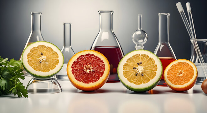 A vibrant still life showcasing citrus slices alongside laboratory glassware. This image evokes concepts of healthy living, scientific exploration, an