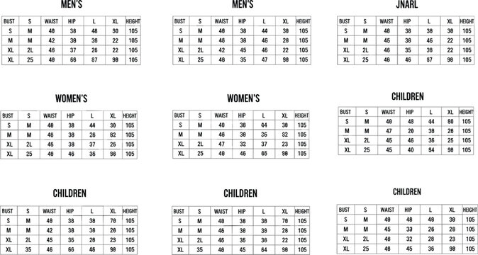Clothing size guide chart vector illustration set featuring measurement tables for men women and children with chest waist hip and height parameters isolated on white background.