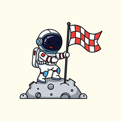 A cartoon astronaut standing proudly on a lunar surface, planting a checkered flag. The figure has a cute, simplified style with bold outlines © ilham