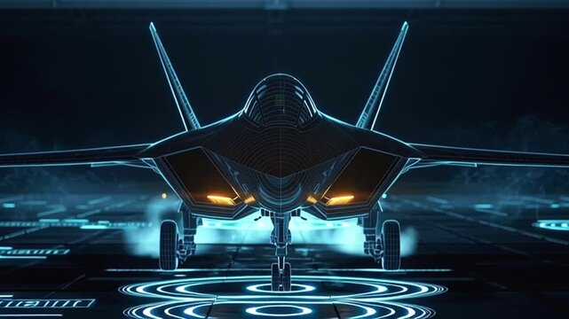 Advanced holographic fighter jet blueprint starting its engines and vertically taking off from a futuristic, high tech runway with glowing blue neon lights and smoke effects in a hangar
