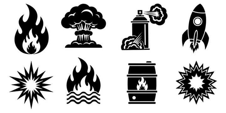 Collection of explosive and fiery icons including flames bomb rocket and spray paint