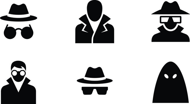 Mysterious spy and hacker silhouettes set, featuring incognito characters in hats, sunglasses, and trench coats for cyber security, privacy, and detective concept vector icons.