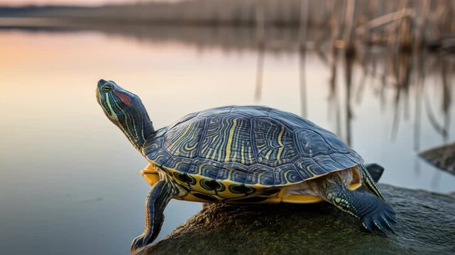 A turtle perches on a rock near a serene body of water with a blurred background