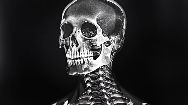 Monochromatic radiographic rendering of a human skull and cervical spine slowly rotating on a black background, showing detailed bone structure for medical and anatomical analysis