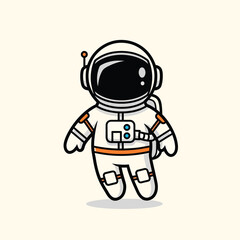 Fototapeta premium A cartoon astronaut wearing a white spacesuit with black accents and a black visor floats with an orange detail on the outfit