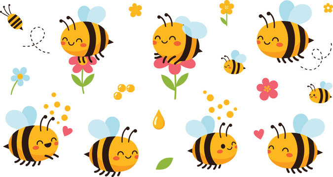 Vector illustration set of cute honey bee characters in various flying poses with flowers honey drops hearts and pollen elements isolated on white background